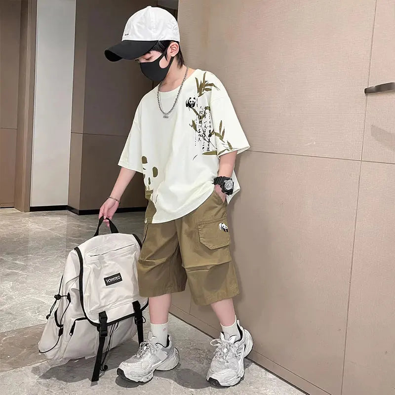 Chinese Style Kids Boy Summer Suit Twopiece Outfit Set With Panda Print T-shirt And Shorts Clothing Set for Children Streetwear