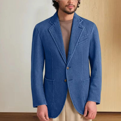 Men's Stretch Denim Blazer Classic Fit Notch Lapel 2 Button Suit Jacket Soft Breathable Business Casual Sport Coat with Pockets