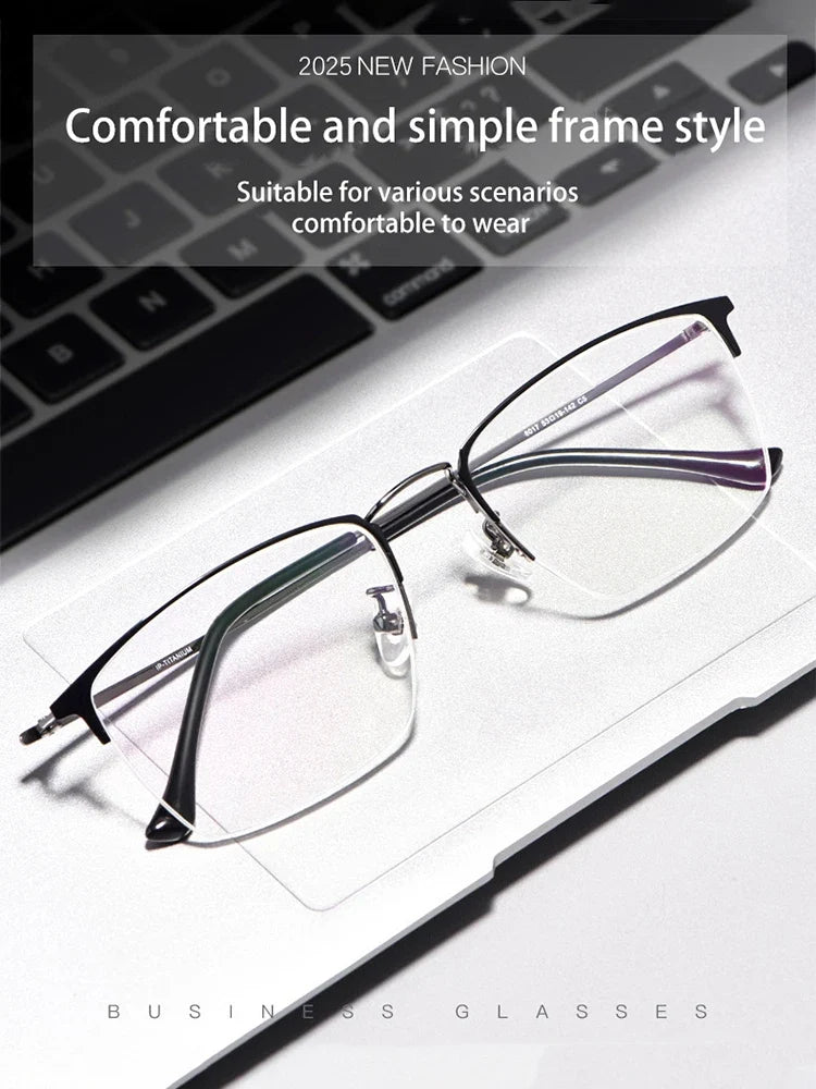 New Titanium Rectangular Classic Business Half-rim Anti-blue Light Reading Glasses Men's Customizable Prescription 8017JX