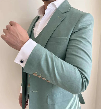 Sage Linen Men Suits for Wedding Summer Party 3 Pieces Notched Lapel Casual Style Groom Tuxedo Custom Made Slim fit Suit