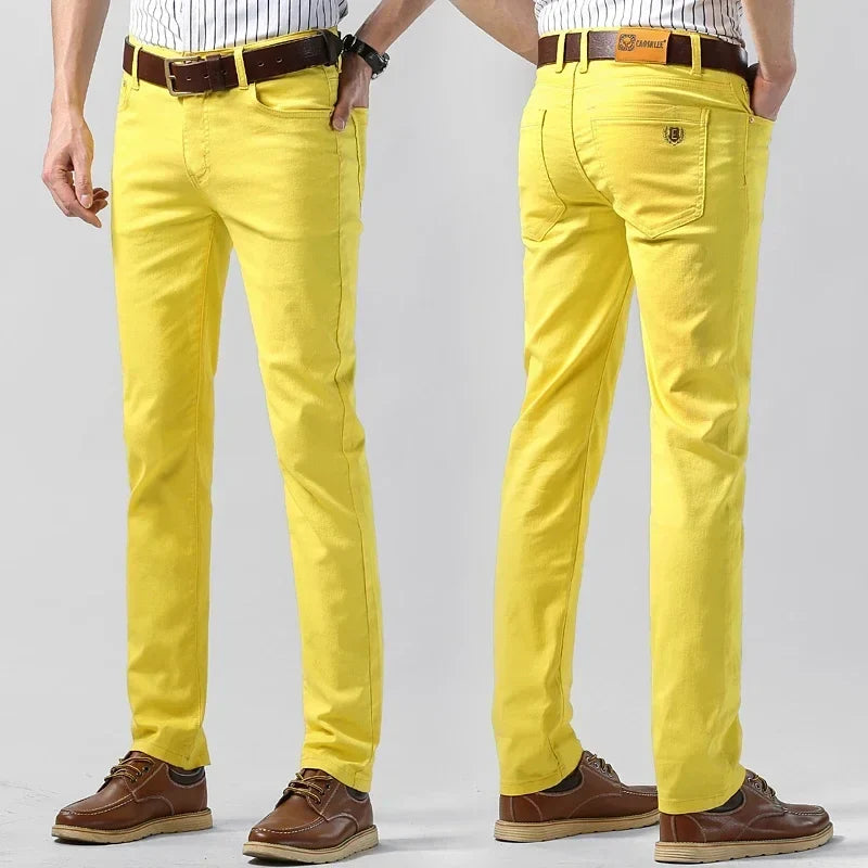 5 Colors Men's Colorful Denim Stretch Stretch Jeans Elastic Yellow Pink Red Slim Male Clothing Simple Business Denim Trousers
