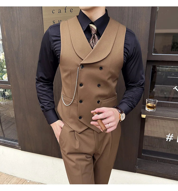 ( Vest + Pants) Men Luxury Double Breasted Design Suit Vest 2 pieces Formal Groom Wedding Dress Vest Set Fashion Club Clothing