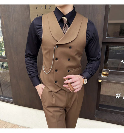 ( Vest + Pants) Men Luxury Double Breasted Design Suit Vest 2 pieces Formal Groom Wedding Dress Vest Set Fashion Club Clothing
