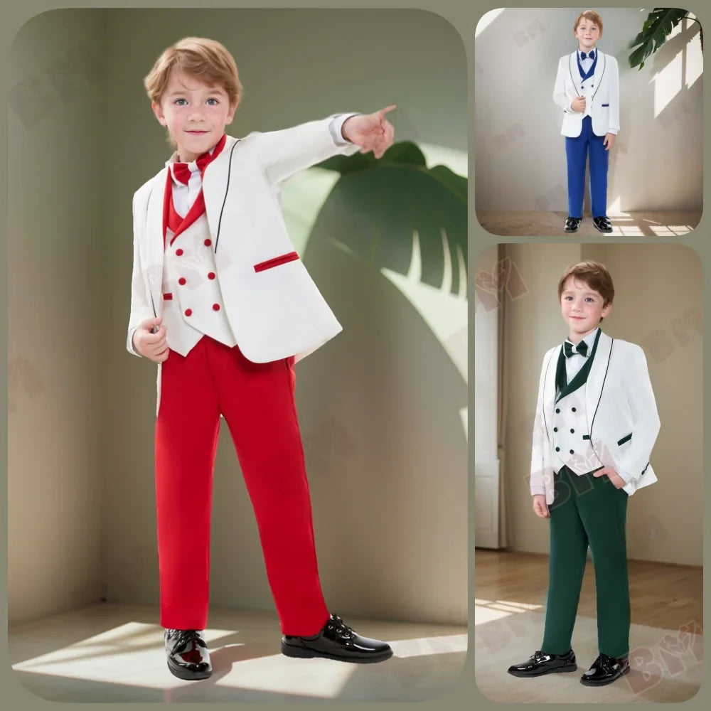 Hot Selling Red White Contrast Boys Formal Suit Set 3-14 Years 2026 4 Piece Kids Wedding Tuxedo Blazer Vest Pants Bow Tie