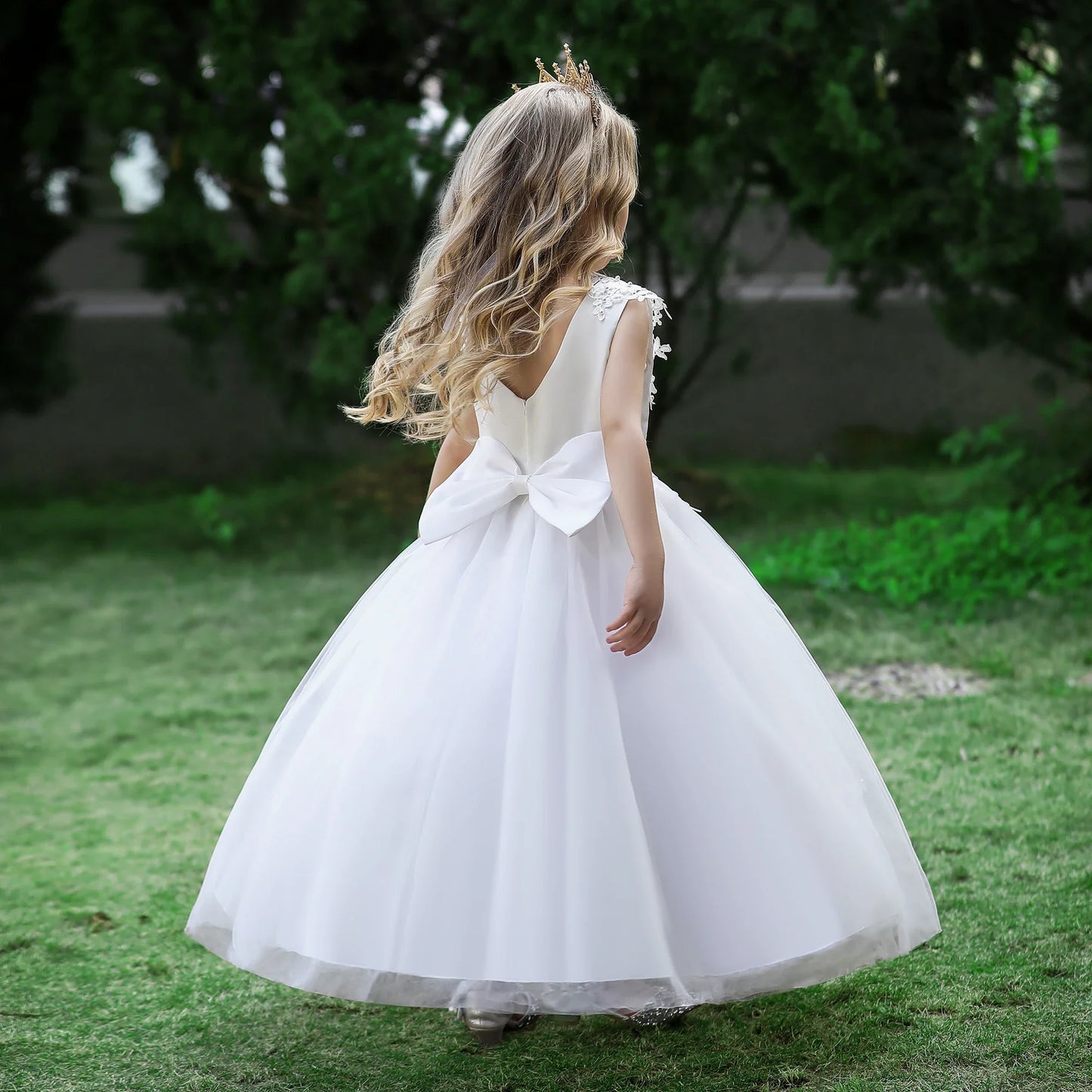 Formal Tulle Flower Bridesmaid Girls Dress Vestido White Wedding Princess Prom Kids Party Dresses For Girls Bow Birthday Costume