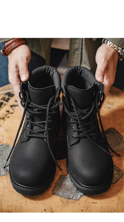 Men's Versatile Black Boots Plush Lining Warmth Shoes Retro Non-Slip Thick Sole Work Boots Outdoor Casual Mid-Calf Boots