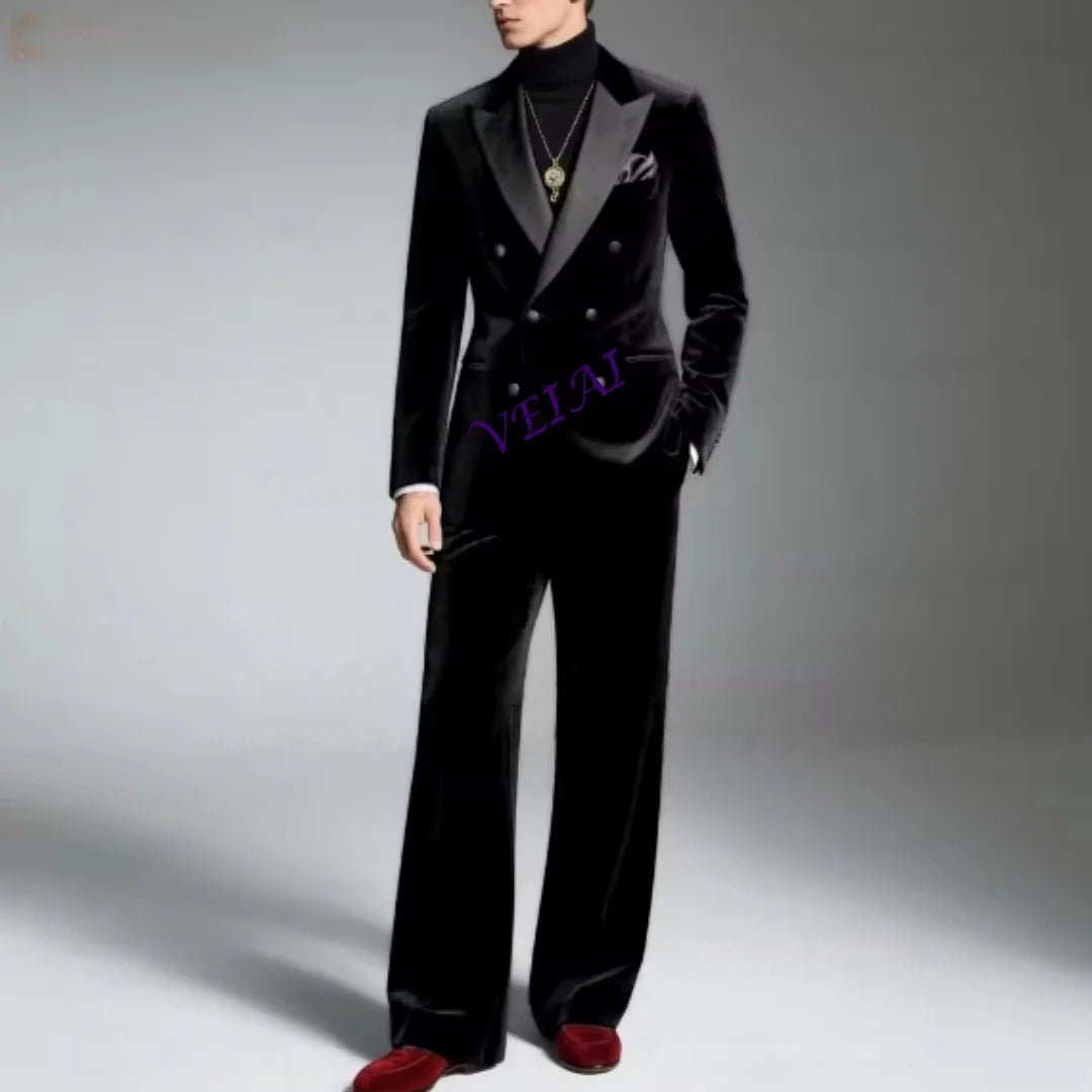 Navy Blue Velvet Double Breasted Suit For Men Evening Dinner Tailor-made Fashion Blazer Pants 2 Pieces Elegant Male Slim Fit Set