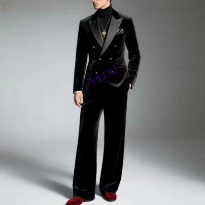 Navy Blue Velvet Double Breasted Suit For Men Evening Dinner Tailor-made Fashion Blazer Pants 2 Pieces Elegant Male Slim Fit Set