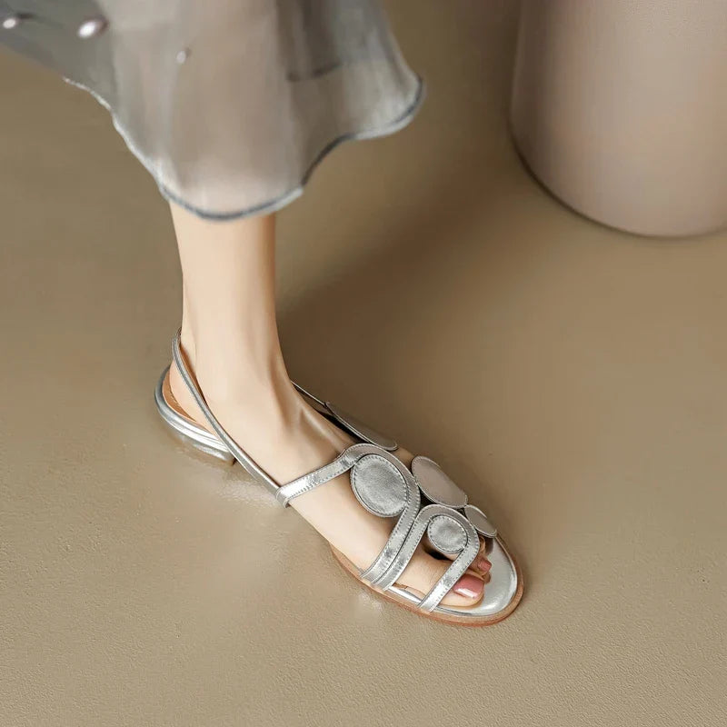 Women's New Round Head Spring/Summer Genuine Leather Sheepskin Spliced Low Heel Large Size Elastic Open Toe Sandals