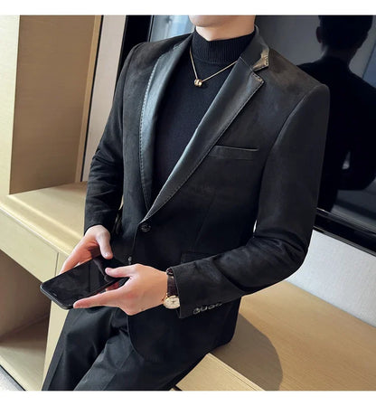 High Quality Deerskin Velvet Splicing Leather Collar Suit Blazers Men Casual Business Slim Coats Mens Social Wedding Clothing