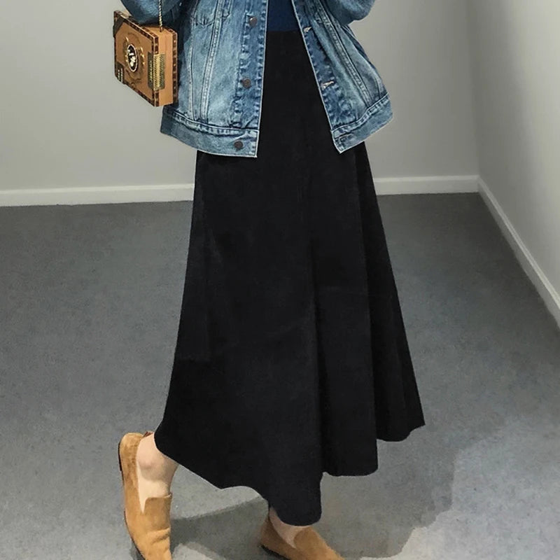 تنورة نسائية من جلد الغزال الأرجواني موضة 2025 لربيع Harajuku بحافة كبيرة طول 85 سم تنانير نسائية أنيقة بوهيمية فستان جلدي 100%