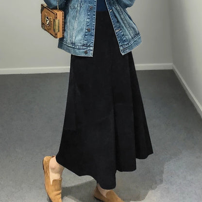 تنورة نسائية من جلد الغزال الأرجواني موضة 2025 لربيع Harajuku بحافة كبيرة طول 85 سم تنانير نسائية أنيقة بوهيمية فستان جلدي 100%