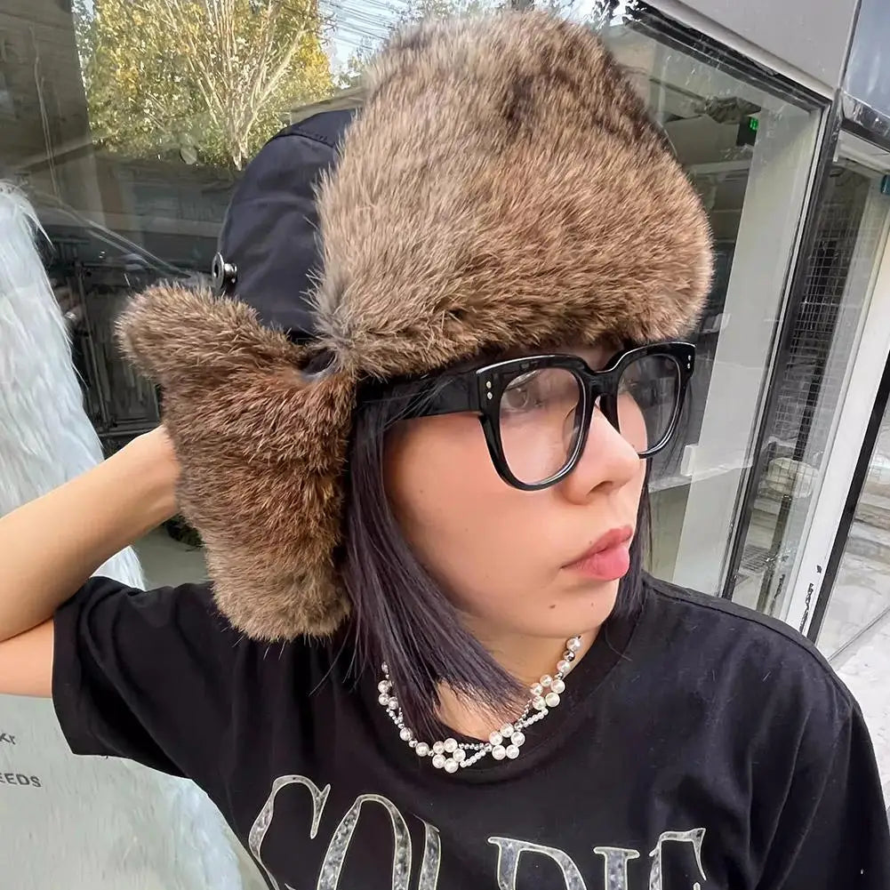 Men Women Trapper Bomber Hats Russian Ushanka Warm Winter Fur Earflap Hat Outdoor Sports Skiing Hunting Fishing Plush Cap