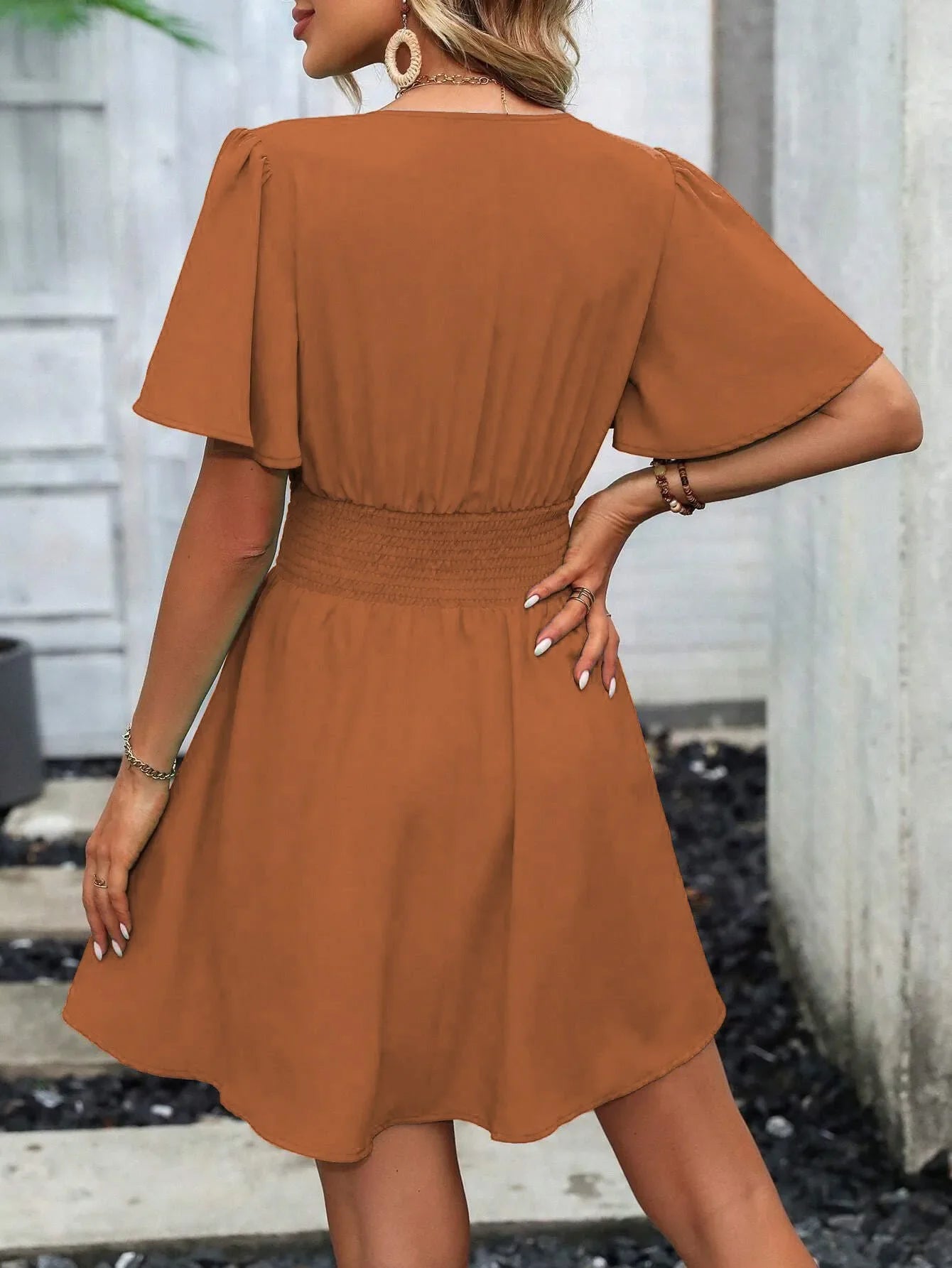 2025 New Summer Deep V-Neck Smocked Ruffled Sleeves Bodycon Dress Women French Retro Style Solid Color Short Long Midi Maxi Dres