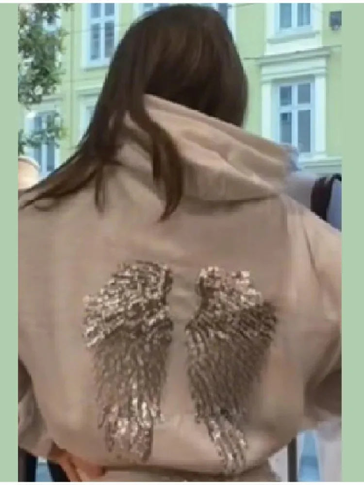 Sequin Angle Wings Hoodie Pullover For Women Loose Solid Hooded Sweatsuit 2025 New Lady Autumn Winter Outwears