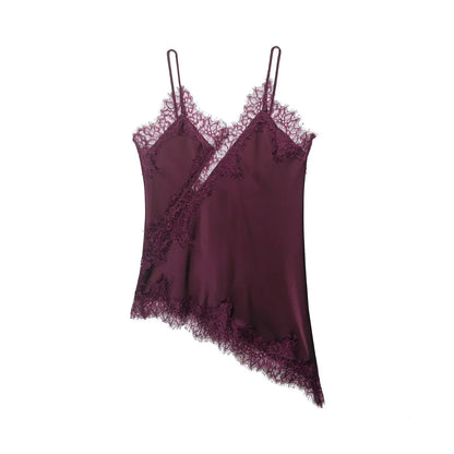 Sexy Women Asymmetrical Lace Slip Tops Summer Female Backless Sleeveless Off Shoulder Underwear Tanks Elegant Beach Camisole