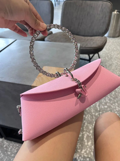 Clutch Bag Luxury Designer Handbag for Women 2025 with Chain Metal Ring Handle PU Leather Rhinestones Purses Shoulder Bag
