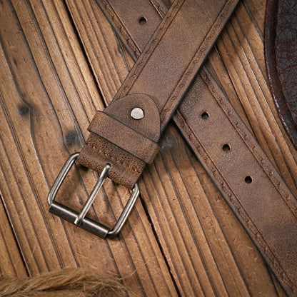 A Men's and Women's Matching Belt with Retro Button Closure, PU Faux Thread Embossed Belt, Casual Style, Versatile.