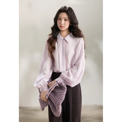 Women's Lapel Lantern Sleeve Shirts 2026 Spring Lace Trim Casual Loose Breathable Solid Shirt Office Lady MXF13C2436
