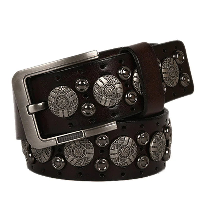 Hip Hop Metal Round Rivet Cowboy Belt Genuine Leather Cowskin Men Belt Punk Big Rivet Jeans Studded Belts For Men Ceinture Homme