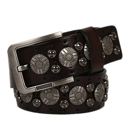 Hip Hop Metal Round Rivet Cowboy Belt Genuine Leather Cowskin Men Belt Punk Big Rivet Jeans Studded Belts For Men Ceinture Homme