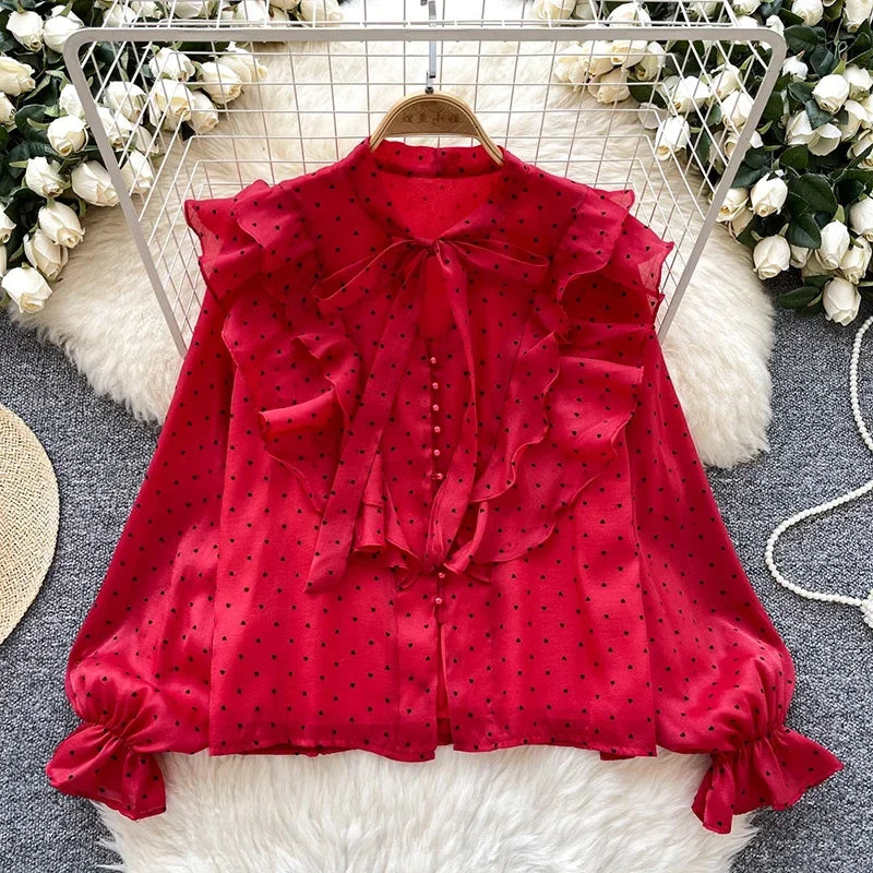 French Sweet Long Sleeved Blouse Women's Clothing Spring Autumn Bow Ruffle Edge Polka Dot Printed Chiffon Shirt Top C42