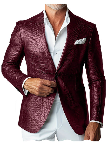 Luxury Men's Crocodile Embossed Leather Blazer Notch Lapel Suit Fit 1 Button Jacket Shiny Croc Print Formal Business Party Coat