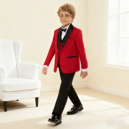 Vibrant Contrast Lapel Boy's Suit Bold Red & Black For Boys 4-Piece Suit Sleek Formal Ring Boys Includes Blazer Vest Pants