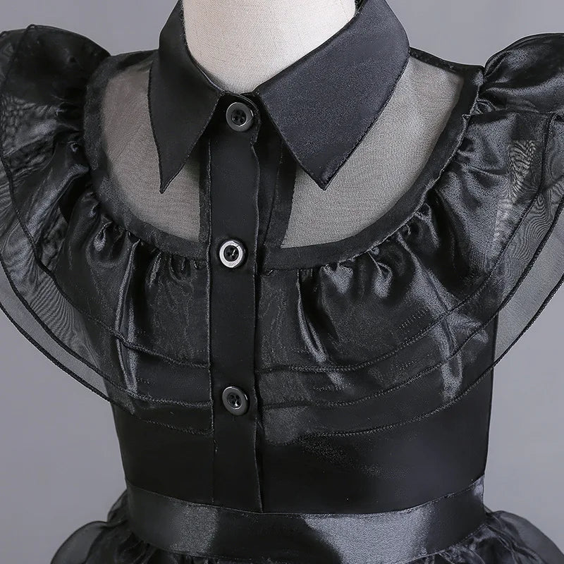 2026 Halloween Festival Popular Black Dress Girls Cosplay Short Sleeve Ruffles Clothing With Belt + Accessories Set Gift