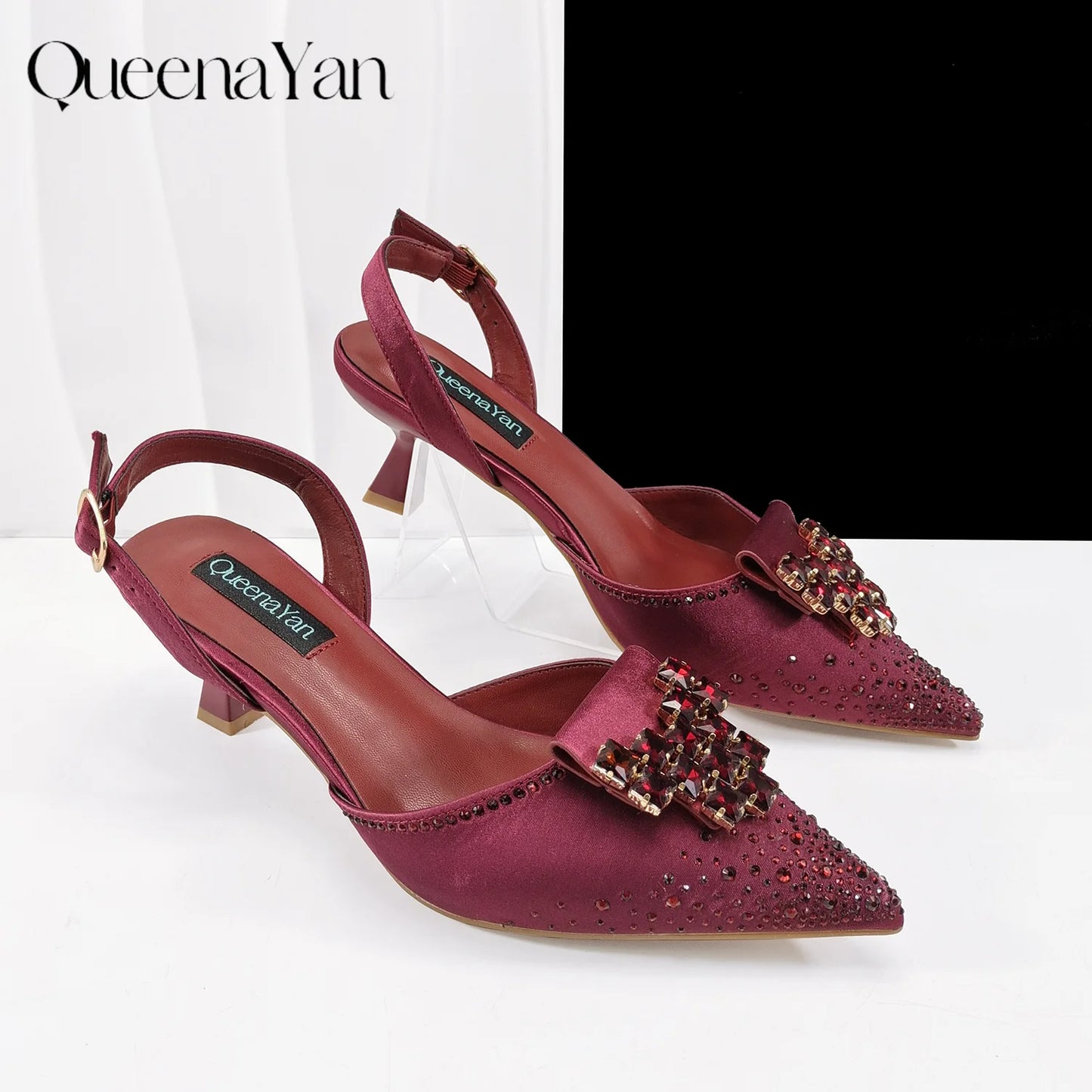 2026 New Elegant Coffee Color Pointed-Toe Italian Women's High-Heeled Shoe and Bag Set with Diamond Design for Parties