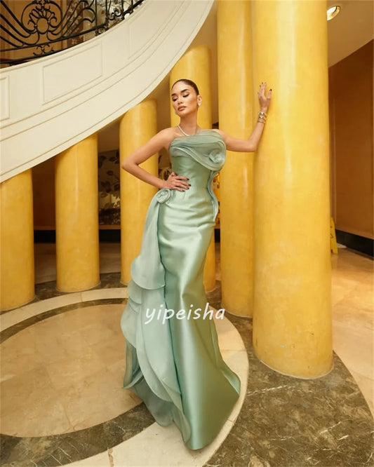 Customized High Quality Elegant Charmeuse Handmade Flower Ruched A-line Strapless Long Dresses Bespoke Occasion Dresses Fashion