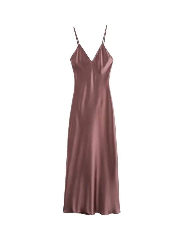 Women's Satin Midi Dress, V Neck, Thin Straps, Backless, Female Dresses, Sexy Fashion