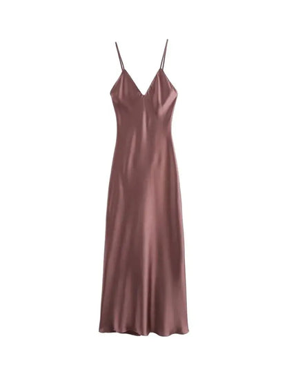 Women's Satin Midi Dress, V Neck, Thin Straps, Backless, Female Dresses, Sexy Fashion