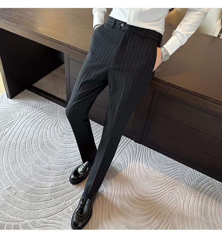 High Quality Striped Suit Pants 2025 Autumn New Fashion Slim Fit Business Elastic waisted Pants Male Wedding Party Trousers
