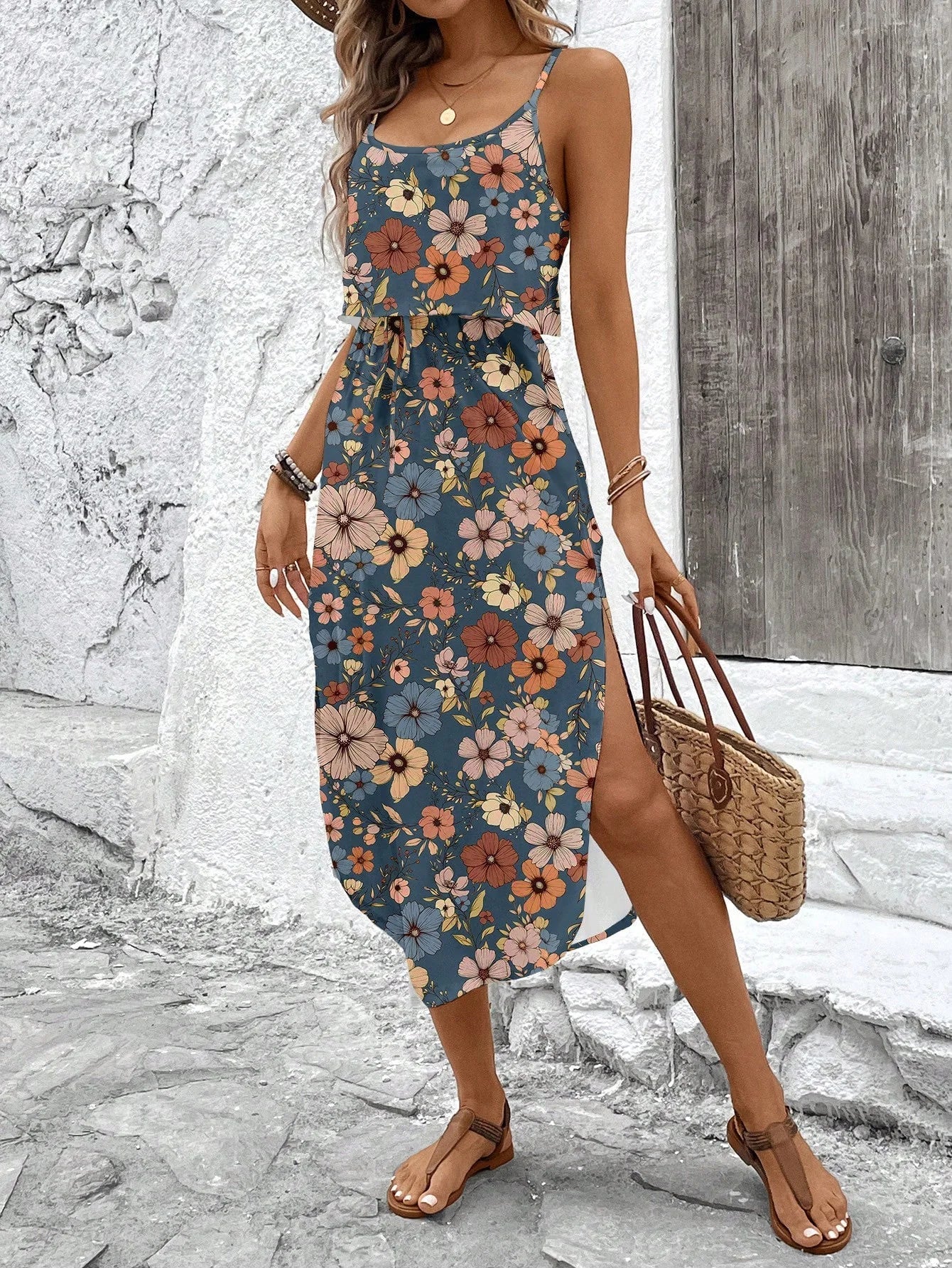 Women's Summer Spaghetti Strap Dress with Belt & Side Slit - Casual Sleeveless Flowy Dress