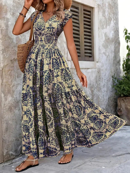2026 Vintage Printed Dress Fashionable and Elegant V-Neck Short-Sleeved Jumpsuit Long Skirt Women's Clothing