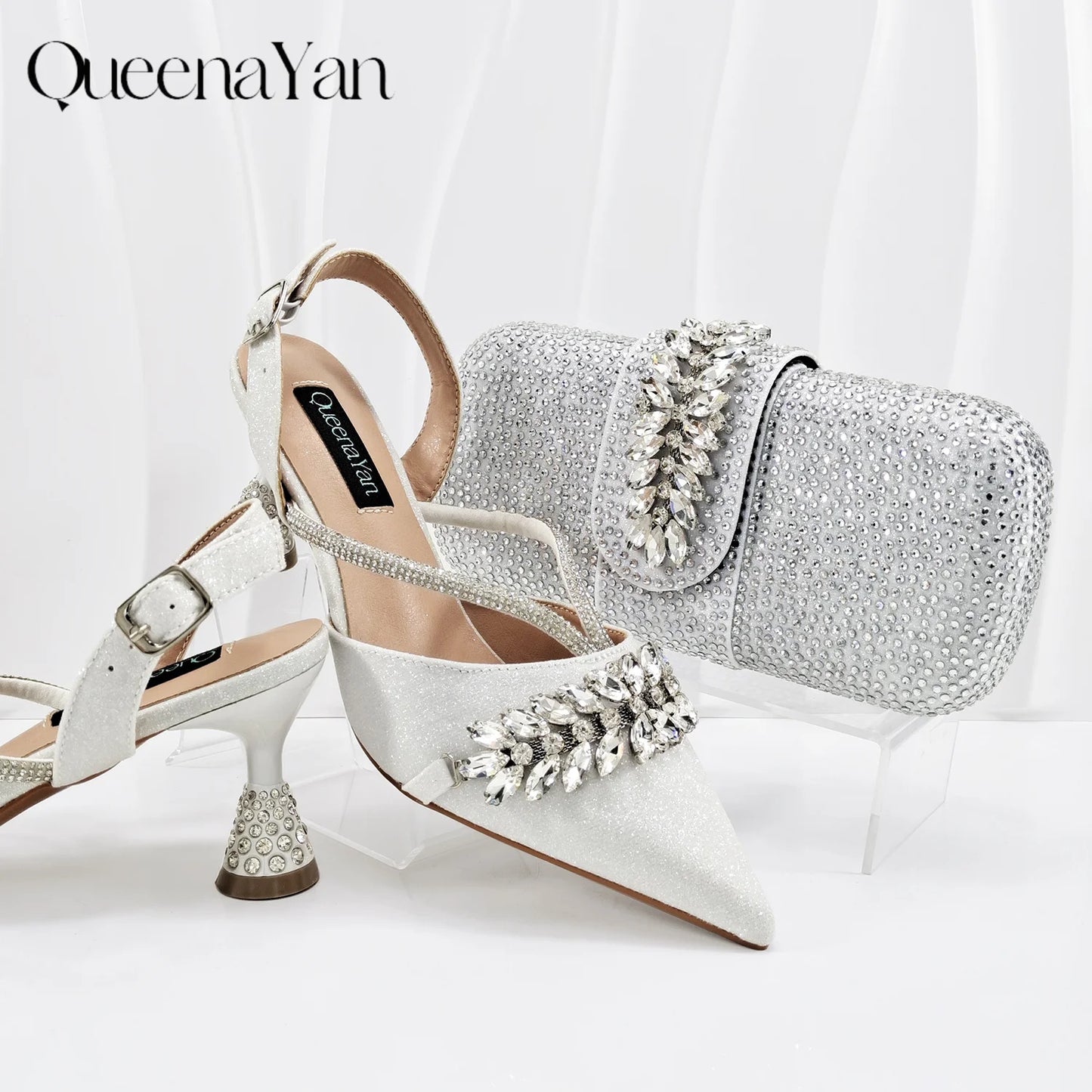 New Italian Pumps and Bag To Party 2026 INS Style Pointed Metalldekoration Rhinestone Elegant Olive Color High Heels  for Women