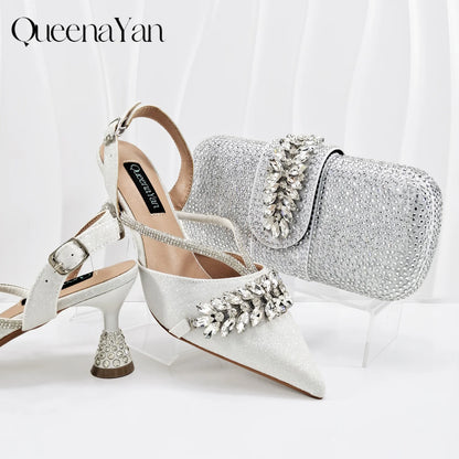 2026 New Shiny Italian Fashion Pointed Toe Women Heel Fashion Rhinestone Decoration Pink Color Shoes And Bag Set