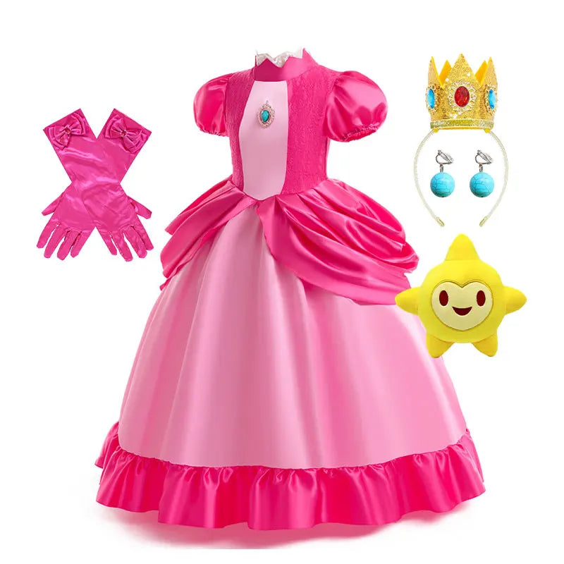 New 2026 Movie Inspired Lolita Princess Dress Super Plumber Bros's Friend Peach Costume Girls Pink Lace Frock Role Play Apparel