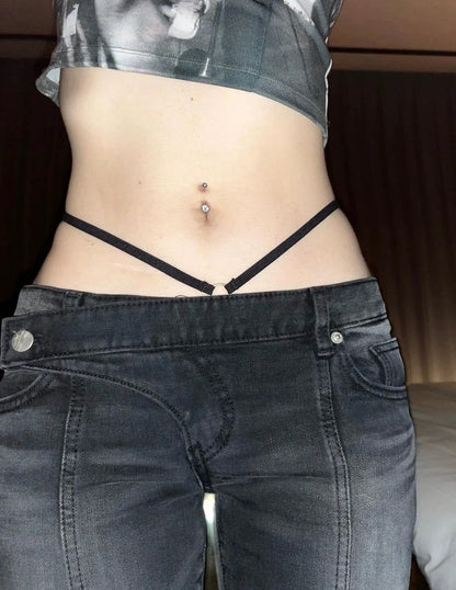 Karrram Vintage Distressed Low Waist Jeans Grunge Asymmetrical Waist Denim Pant Korean Fashion Black Flare Jeans Kpop Streetwear
