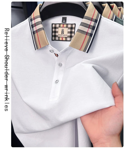 Fashion brand luxury short sleeve polo shirt men summer quality silky cotton breathable business casual striped collar T-shirt