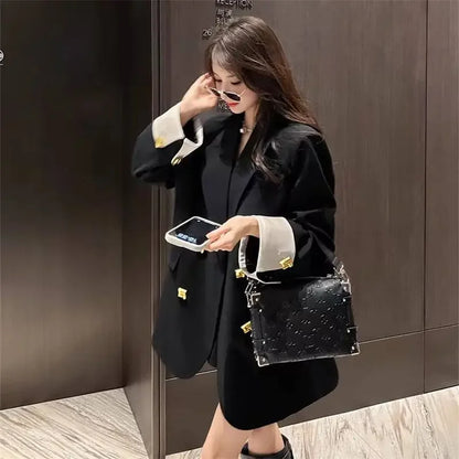 Black Casual Commuter Loose Fit Premium Suit Jacket Spring Autumn New Style Korean Version Fashionable Polyester Fiber Full Slee