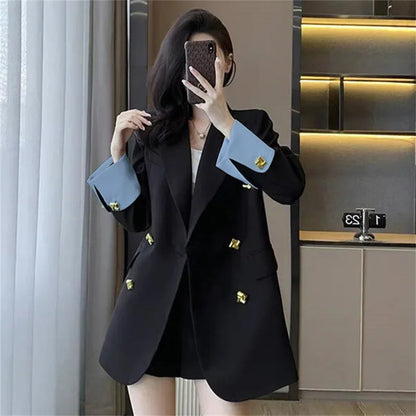 Black Casual Commuter Loose Fit Premium Suit Jacket Spring Autumn New Style Korean Version Fashionable Polyester Fiber Full Slee
