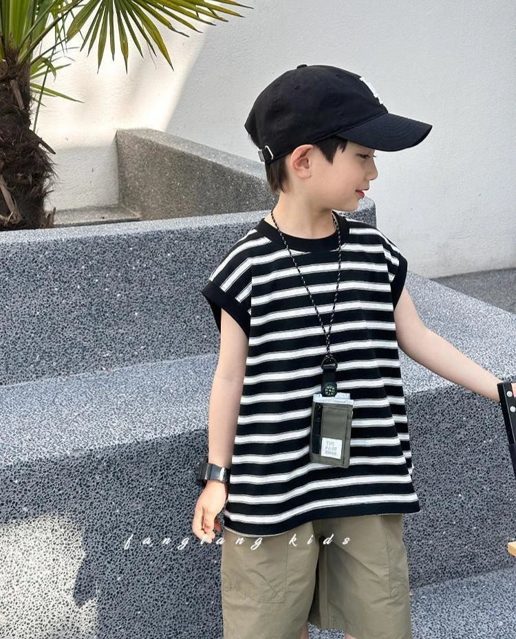 Striped Sleeveless Vest Children Clothing Top and Bottom Clothing Set Fashion 8 14 Years Children's Suit for Boy Clothes Outdoor