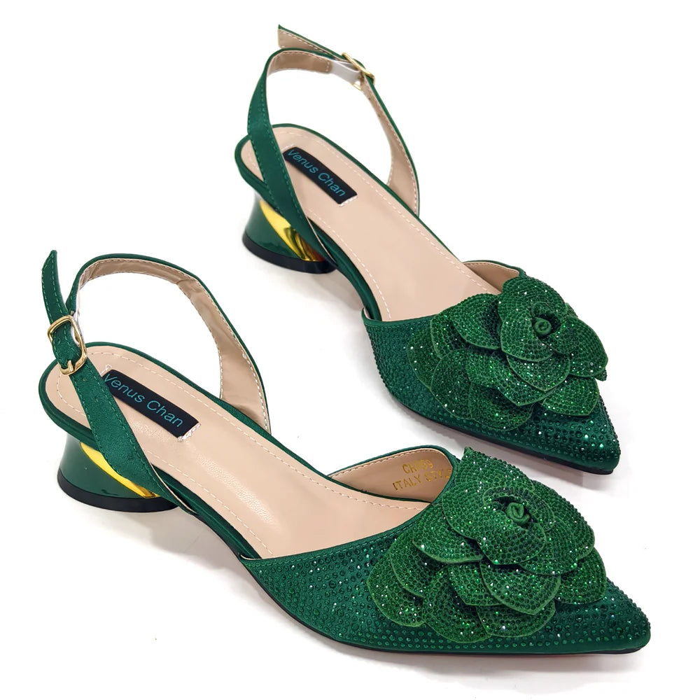 Fashion Ladies Evening Shoes And Bags Paired With Handmade Petal Wine Color Pointed Toe Mid-Heel Nigerian Women Party Shoes