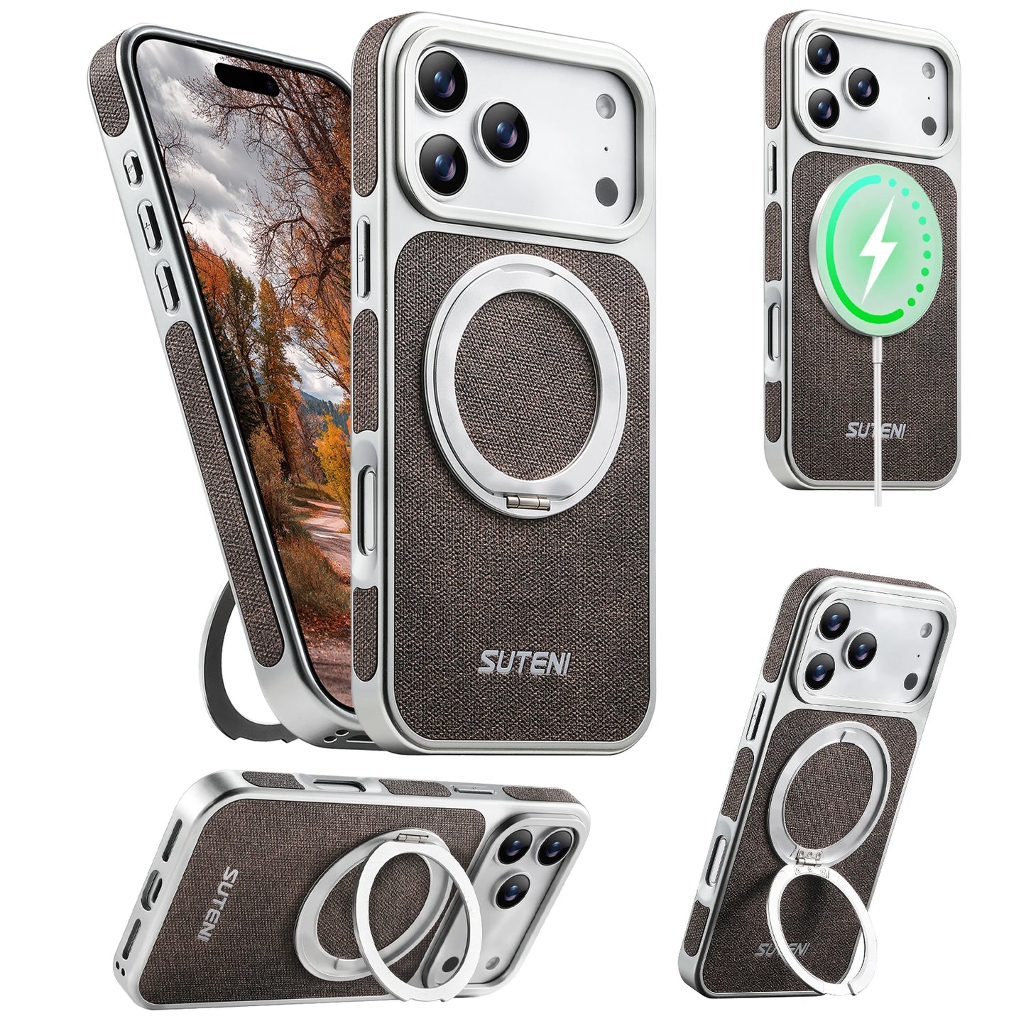 Faux Leather Magnet Wireless Charging Phone Case 360° Rotating Stand Ring Buckle Frosted Feel For iPhone 17 Pro Max 16 15