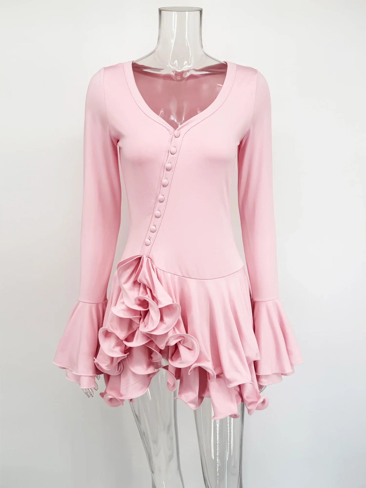 Fashion Ruffled V-Neck Mini Dress Women High Waist Patchwork Sexy Long Sleeve Commute Dress Female Summer Party Bodycon Dress
