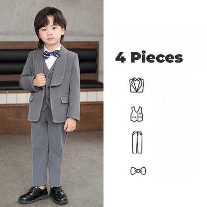 Elegant Shawl Lapel Kids Suit Set 4 Pieces Piano Performance Outfit,Autumn One Button Suits For Children,Boys Slim Fit Tuxedo