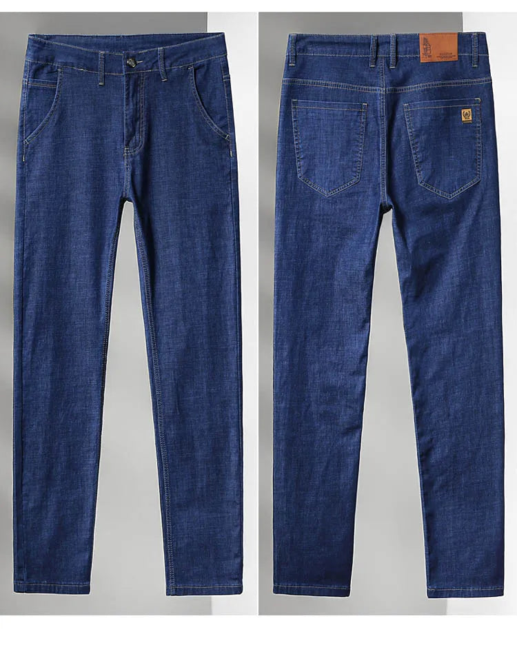 Light Blue Classic Business Casual Cotton Pants Fashion Breathable Denim Elastic Trousers Brand Men's Clothing Straight Jeans