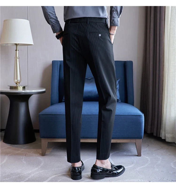 New Korean Style Fashion Striped Embroidery Suit Pants Men's Business Slim Casual Straight Pants Formal Wedding Party Trousers